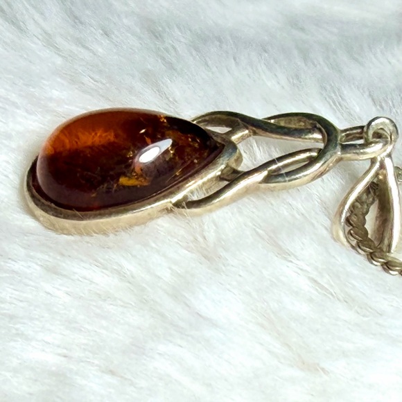 Signed Sterling Silver & Amber Necklace - Picture 3 of 7